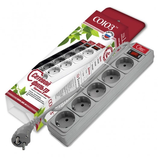 Сетевой фильтр ''СОЮЗ'' ПВС 3*0,75 5гн., 1,5м, вы ключатель с индикацией, с/з, серый, премиум упаковка