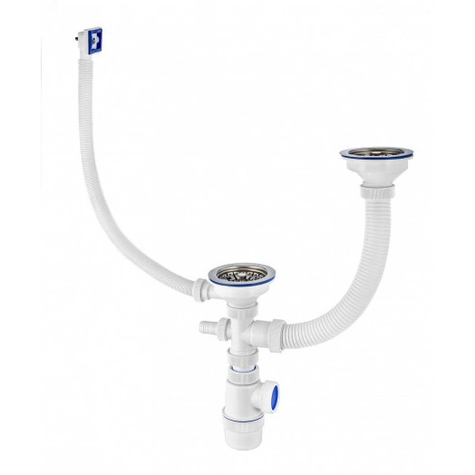 Сифон ЭЛИТ для двойной разноуровневой мойки с нержавеющей чашкой D114 мм с отводом для стиральной или посудомоечной машины и с переливом 3'1/2 - D40