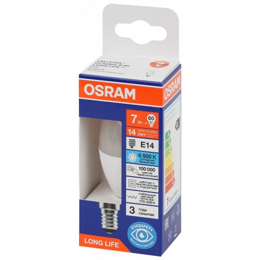 Лампа светодиодная LED 7Вт Е14 6500К 600Лм свеча 220В (замена 60Вт) OSRAM