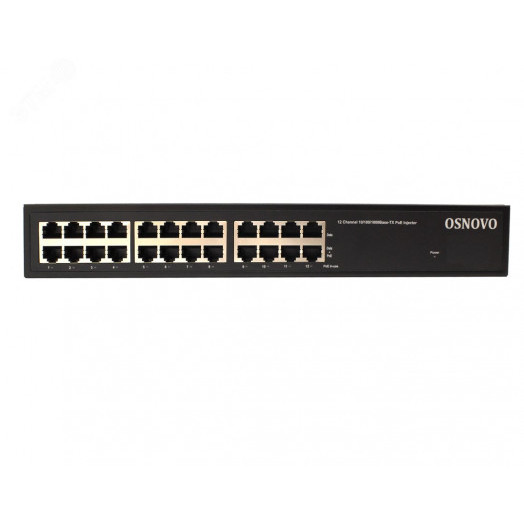 Инжектор PoE 12хRJ45 10/100/1000 Мб/с, 802.3af/at, до 30 Вт, AC 220В, DC 48В