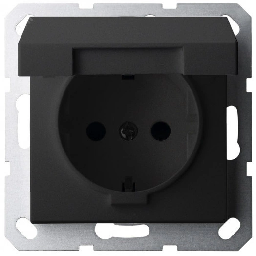 Розетка Schuko с крышкой и защитными шторками 16A 250V~ 2P+T, цвет черный матовый (soft touch)