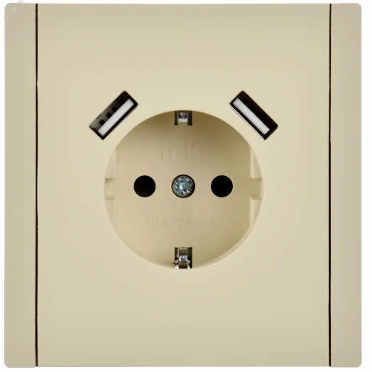 FORTE&PIANO Розетка 1-местная с заземлением с защитными шторками винтовое крепление 16А USB A+A 3,1А FP445 ваниль IEK
