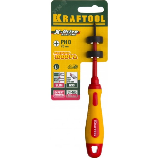 Отвертка , высоковольтная, Cr-Mo-V стержень, двухкомпонент. маслобензостойкая рукоятка, PH №0, 60мм
