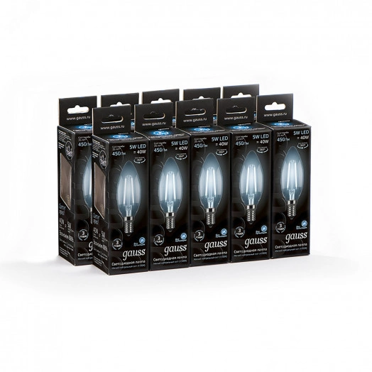 Лампа светодиодная филаментная LED 5 Вт 450 лм 4100К AC185-265В E14 свеча нейтральный  Black Filament Gauss