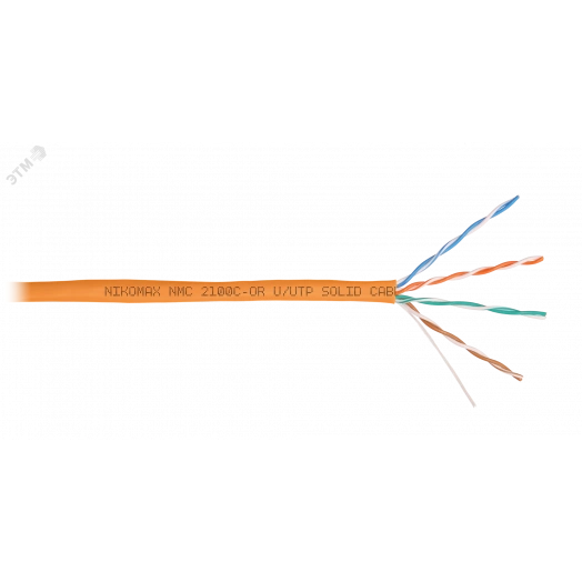 Кабель U/UTP 4 пары, Кат.5e (Класс D), тест по ISO/IEC, 100МГц, одножильный, BC (чистая медь), 24AWG (0,50мм), полимерный материал нг(А)-HF, внутренний, оранжевый, 305м