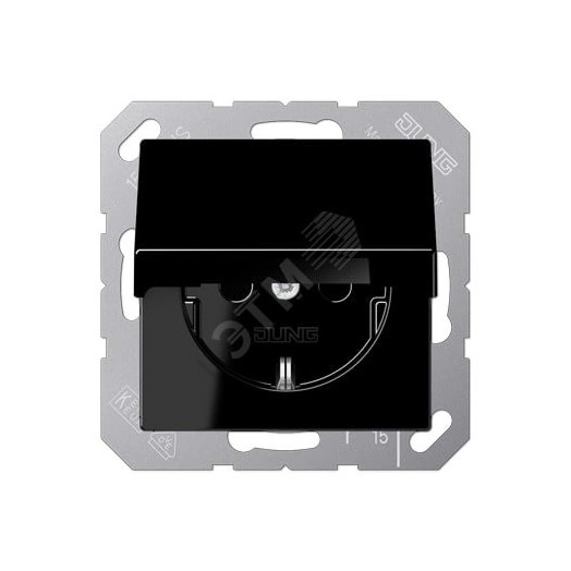 Штепсельная розетка SCHUKO одинарная, с заземлением, с крышкой, с шторками, 16A, 250В  (механизм + накладка, без рамки). Серия A500  Материал- термопласт  Цвет- черный