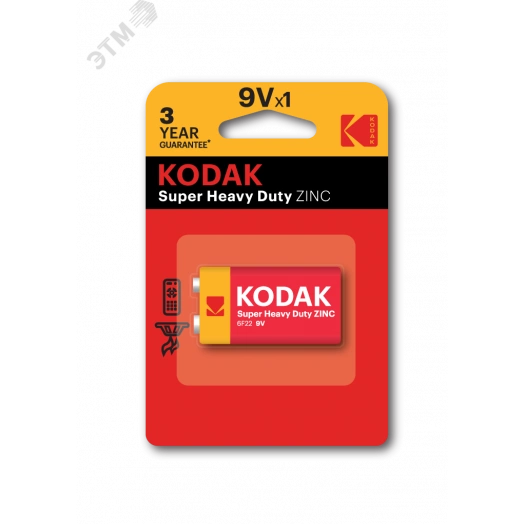 Батарейка Kodak 6F22-1BL SUPER HEAVY DUTY Zinc [K9VHZ-1B] (10/50/9900)