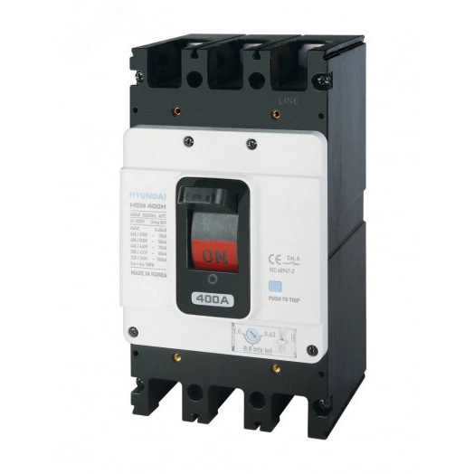 Автоматический выключатель в литом корпусе типа HGM, типоразмера 400AF, арт.HGM400S3PT4S0000C00400F (400А, 50кА, 3 полюса, регулируемый термомагнитный расцепитель, переднее подключение)
