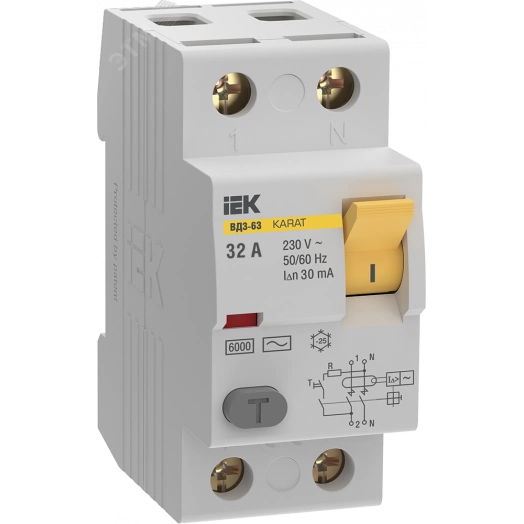 Выключатель дифференциальный (УЗО) KARAT ВД3-63 2P 32А 30мА 6кА тип AC