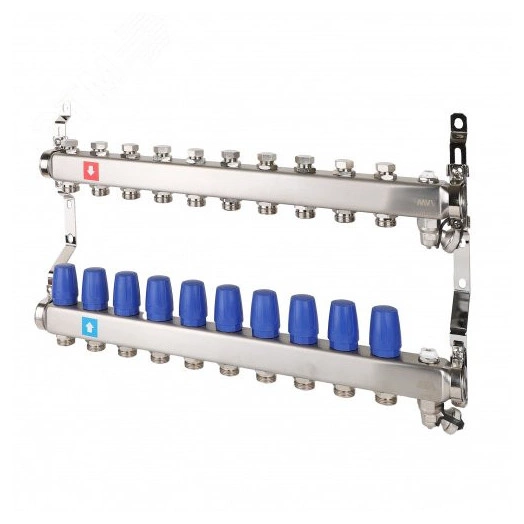Коллекторная группа с ручными регулировочными клапанами 1' х 10 выходов 3/4' НР евроконус с дренажным краном и воздухоотводчиком