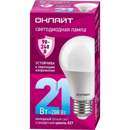 Лампа светодиодная 21вт OLL-A60-21-230-6.5K-E27 PRO 90-240В ОНЛАЙТ