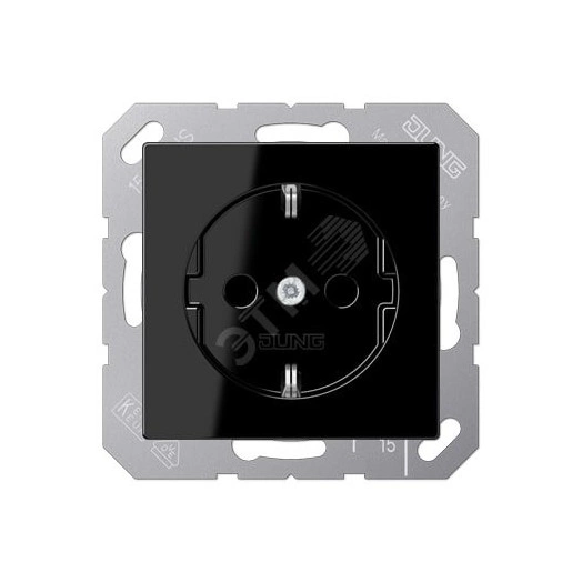 Штепсельная розетка SCHUKO одинарная, с заземлением, с шторками, 16A, 250В  (механизм + накладка, без рамки). Серия A500  Материал- термопласт  Цвет- черный