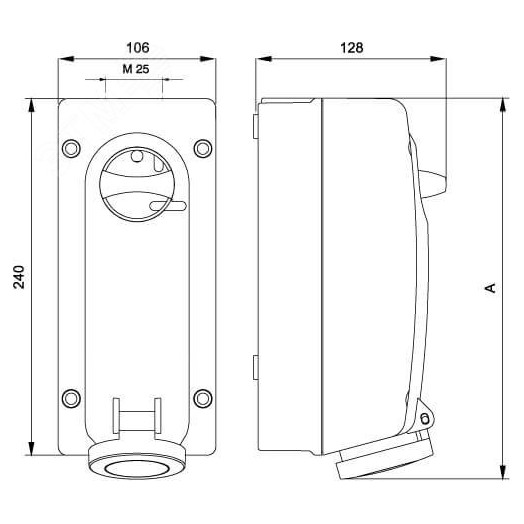 Розетка наружной установки IP44 32А 2P+E 230В с механической блокировкой и боковым расположением разъема