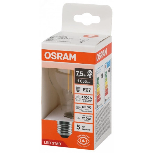 Лампа светодиодная филаментная LED Star Грушевидная 7,5Вт (замена 100Вт), 1000Лм, 4000К, цоколь E27 OSRAM