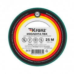 Изолента ПВХ KRANZ 0.13х19 мм, 25 м, зеленая 5шт