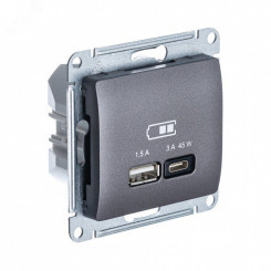 GLOSSA USB РОЗЕТКА A + тип-C 45W высокоскор.заряд. QC, PD, механизм, ГРАФИТ GLOSSA USB РОЗЕТКА A + тип-C 45W высокоскор.заряд. QC, PD, механизм, ГРАФИТ