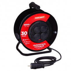 Удлинитель силовой КГ на катушке 4 гнезда с/з 30м 3х2.5кв.мм IP44 с выключателем c защитными крышками металлическая катушка Rexant 13-5014