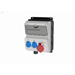 Комбинация розеток INPIN 1602024, вход М 40,      клеммы, защита на входе авт.выкл. 63А/3p, защита  на выходе 32A/3p - 1шт., 25А/2p - 1 шт. Розетки   1xCEE32A5p, 2хschuko, IP44