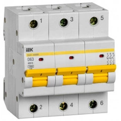 Выключатель автоматический модульный 3п 63А 10кА D ВА47-100МА без тепл. расцеп. IEK MVA43-3-063-D Выключатель автоматический модульный 3п 63А 10кА D ВА47-100МА без тепл. расцеп. IEK MVA43-3-063-D
