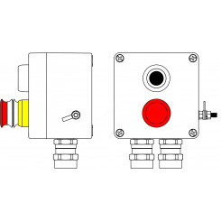Пост управления взрывозащищенный из GRP. 1Ex d e IIC T6 Gb X/Ex tb IIIB T80C Db X/IP66. Аварийная кнопка красная, 1NC/1NO-1шт. Кнопка черная, 1NC/1NO-1шт. C: ввод D5,5-13мм под бронированный кабель, Ni-2шт.