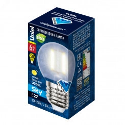 Лампа светодиодная LED 6вт 200-250В шар матовое 500Лм Е27 3000К Uniel Sky филамент Лампа светодиодная LED 6вт 200-250В шар матовое 500Лм Е27 3000К Uniel Sky филамент