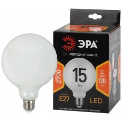 Лампа светодиодная F-LED G125-15w-827-E27 OPAL  (филамент, шар опал, 15Вт, тепл, E27) (20/240) ЭРА