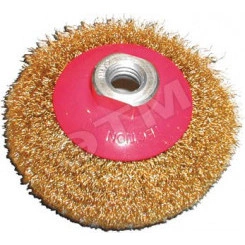 Кордщетка-колесо с наклоном, гайка М14, стальная волнистая латунированная проволока 100 мм Кордщетка-колесо с наклоном, гайка М14, стальная волнистая латунированная проволока 100 мм