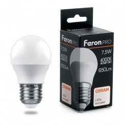 Лампа светодиодная LED 7.5вт Е27 белый матовый шар Feron.PRO