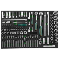 Набор головок торцевых 1/4'', 3/8'', 1/2''DR с аксессуарами и вставками-битами в EVA ложементе 560x400 мм, 121 предмет Набор головок торцевых 1/4'', 3/8'', 1/2''DR с аксессуарами и вставками-битами в EVA ложементе 560x400 мм, 121 предмет