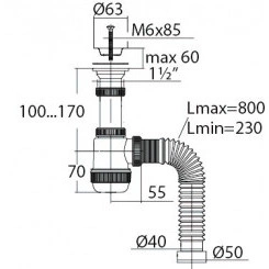 Сифон МИНИ ЭЛИТ для раковин 1'1/2 x 40/50 мм с нержавеющей чашкой 63 мм и с гофротрубой L800 мм