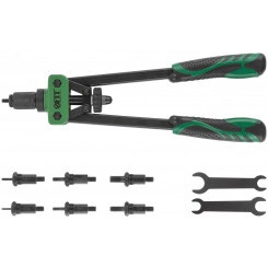 Заклепочник комбинированный Профи с поворотным механизмом 0-360 гр., для резьбовых заклепок М3-М6 и вытяжных заклепок 2.4-4.8 мм (270 мм), кейс Заклепочник комбинированный Профи с поворотным механизмом 0-360 гр., для резьбовых заклепок М3-М6 и вытяжных заклепок 2.4-4.8 мм (270 мм), кейс