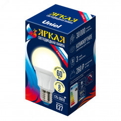 Лампа светодиодная LED 8вт 175-250В форма А 700Лм E27 3000К Uniel ЯРКАЯ