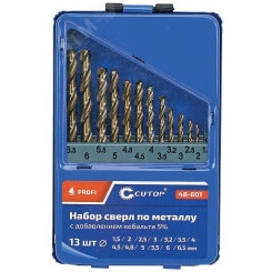 Набор сверл по металлу с кобальтом 5% в металлической коробке, 1.5-6.5 мм (через 0.5мм + 3.2мм, 4.8мм), 13 шт, Cutop Profi