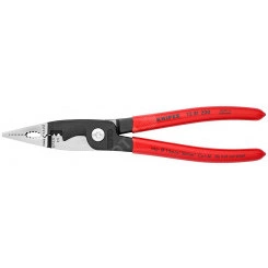 Клещи электромонтажные 6-в-1 захват плоского и круглого материала гибка удаление заусенцев снятие изоляции 075 - 15 + 25 мм обжимка контактных гильз 05 - 25 мм кабелерез  15 мм (5 х 25 мм) L-200 мм чёрные обливные рукоятки KN-1381200