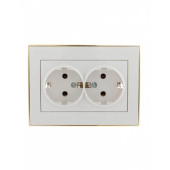 Розетка RAIN двойная с/з керамика белая с боковой вставкой золото, 1 шт Розетка RAIN двойная с/з керамика белая с боковой вставкой золото, 1 шт