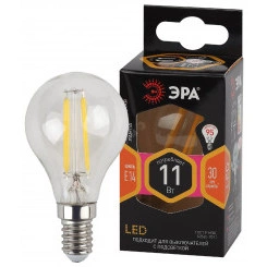 Лампа светодиодная F-LED P45-11w-827-E14  (филамент, шар, 11Вт, тепл, E14) (10/100/4000) ЭРА