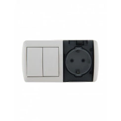 HATA Выключатель двухклавишный с розеткой с заземлением и крышкой белый, горизонтальный HATA Выключатель двухклавишный с розеткой с заземлением и крышкой белый, горизонтальный