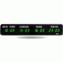Табло мирового времени World Style (часы/минуты), высота цифр 5 см, зеленый цвет, 4 временные зоны, город максимум 12 знаков в названии, белый цвет, 240В, NTP, Wi-Fi, настенное крепление