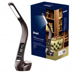 Светильник настольный TLD-566 Brown/LED/300Lm/4500K/Dimmer c часами, календарем, термометром, 6W. Сенсорный выключатель. Коричневый (стилизован под кожу). TM Uniel