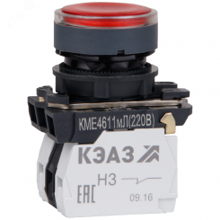 Кнопка КМЕ4611мЛ-24В-красный-1но+1нз-цилиндр-индикатор-IP65-КЭАЗ