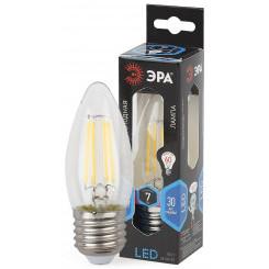 Лампа светодиодная филаментная F-LED B35-7W-840-E27 (филамент, свеча, 7Вт, нейтр, E27 (10/100/2800) ЭРА