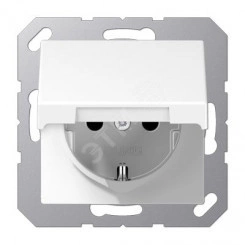 Штепсельная розетка SCHUKO одинарная, с заземлением, с крышкой, с шторками, 16A, 250В (механизм + накладка, без рамки). Серия A500 Материал- дуропласт Цвет- белый Штепсельная розетка SCHUKO одинарная, с заземлением, с крышкой, с шторками, 16A, 250В (механизм + накладка, без рамки). Серия A500 Материал- дуропласт Цвет- белый