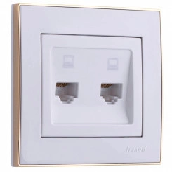 Розетка RAIN компьютерная 2-ая белая с боковой вставкой золото Розетка RAIN компьютерная 2-ая белая с боковой вставкой золото