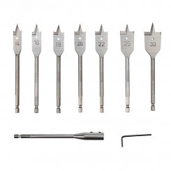 Набор сверл перовых по дереву 9 предметов: 14-16-18-20-22-25-30х152 мм, удлинитель, ключ угловой Набор сверл перовых по дереву 9 предметов: 14-16-18-20-22-25-30х152 мм, удлинитель, ключ угловой