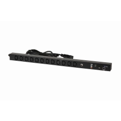 Блок розеток TLK Серия MN (Monitored) вертикальный 12 розеток C13 макс. нагрузка 16 А шнур питания 3 м. вилка С20 цифровое измерение силы тока на входе металлический корпус макс. мощность 4000 Вт 592*44*90 мм цвет черный.