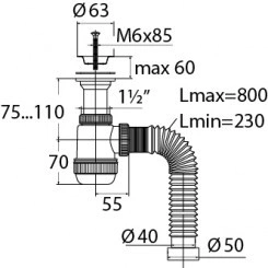 Сифон МИНИ ЭЛИТ для раковин 1'1/2 x 40/50 мм с нержавеющей чашкой 63 мм и с гофротрубой L800 мм, литой выпуск