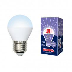 Лампа светодиодная LED-G45-11W/DW/E27/FR/NR Форма шар, матовая. Серия Norma. Дневной белый свет (6500K). Картон. ТМ Volpe