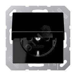 Штепсельная розетка SCHUKO одинарная, с заземлением, с крышкой, без шторок, 16A, 250В (механизм + накладка, без рамки). Серия A500 Материал- термопласт Цвет- черный Штепсельная розетка SCHUKO одинарная, с заземлением, с крышкой, без шторок, 16A, 250В (механизм + накладка, без рамки). Серия A500 Материал- термопласт Цвет- черный