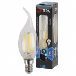 Лампа светодиодная филаментная F-LED BXS-5W-840-E14 (филамент, свеча на ветру, 5Вт, нейтр, E14 (10/100/2800) ЭРА