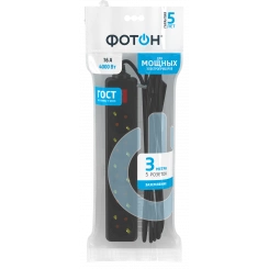 Удлинитель сетевой ''ФОТОН'' 16-35ЕS, 3м, 5 розеток, 16А, с выключателем, с заземлением, Черный